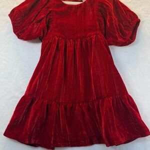 H&M Girls Red Velvet Puff Sleeve A-Line Dress Round Neck 2T Balletcore Holiday